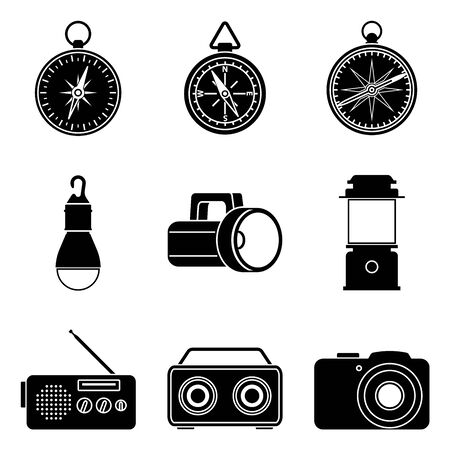 Camping equipment and accessories. Silhouette iconsのイラスト素材