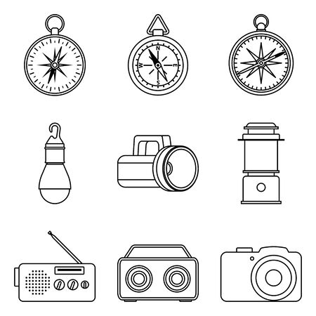 Camping equipment and accessories. Flat iconsのイラスト素材