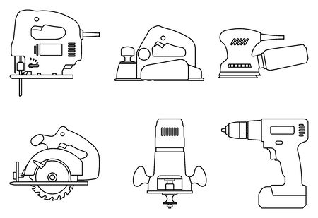 Set of power tools for woodworking. Thin line iconsのイラスト素材