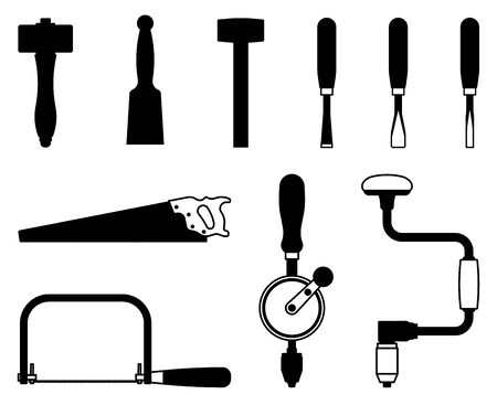 Set of hand tools for woodworking. Silhouette vectorのイラスト素材