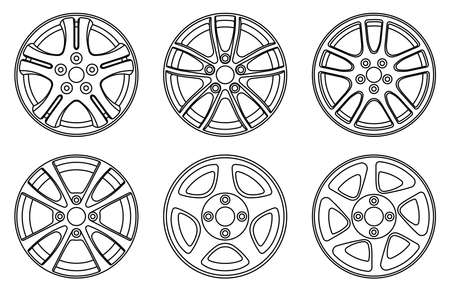 Car wheel rim icons. Car parts. Vector thin lineのイラスト素材