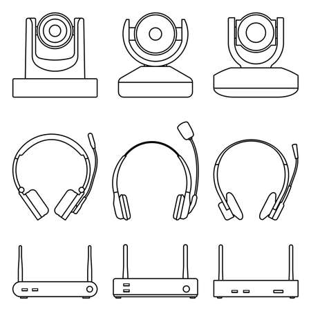 Conferencing equipment. Flat icons. Vector thin lineのイラスト素材
