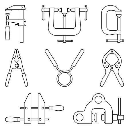 Clamp icons set. Hand tools. Thin line vectorのイラスト素材