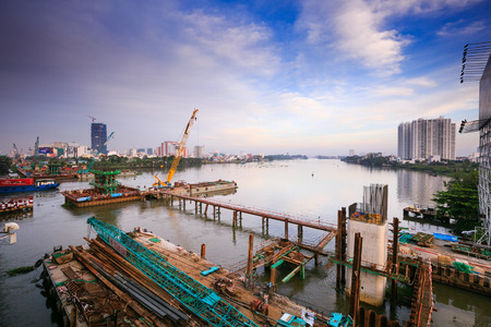 Construction of tram pillars for the Saigon Riverのeditorial素材