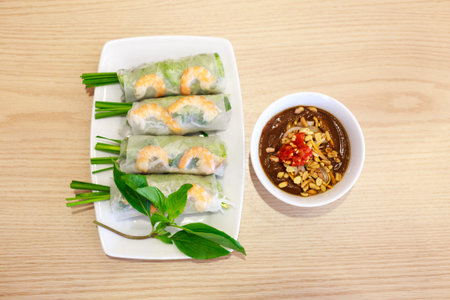 Shrimp spring rolls and spicy meat sauce