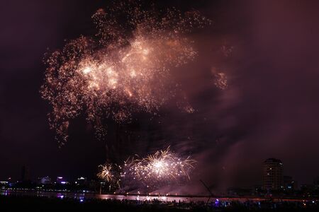 Vietnam Da Nang city April 28 2015: Festival International Fireworks Competition 2015 in Da Nang on the banks of the Han River in Da Nang city centerのeditorial素材