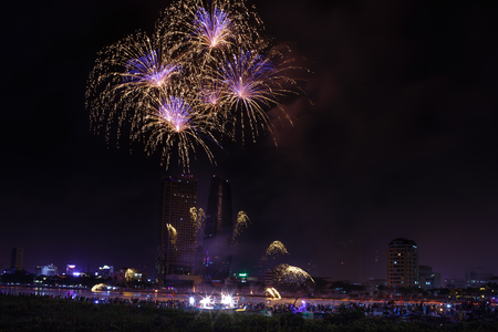 Vietnam Da Nang city April 28 2015: Festival International Fireworks Competition 2015 in Da Nang on the banks of the Han River in Da Nang city centerのeditorial素材