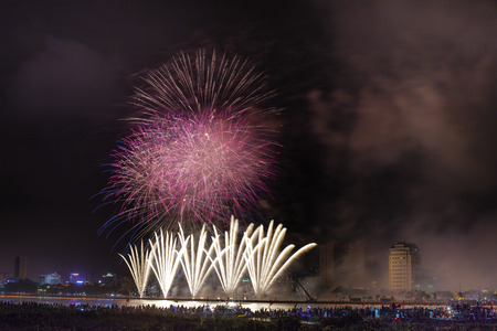 Vietnam Da Nang city April 28 2015: Festival International Fireworks Competition 2015 in Da Nang on the banks of the Han River in Da Nang city centerのeditorial素材