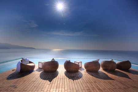 Swimming pool on the Touristic hotel in Da Nang Vietnam is a touristic destination Popular Southeast Asia on the sea coastのeditorial素材