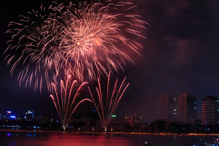 Vietnam Da Nang city April 28 2015: Festival International Fireworks Competition 2015 in Da Nang on the banks of the Han River in Da Nang city centerのeditorial素材