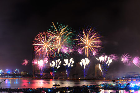 Vietnam Da Nang city April 28 2015: Festival International Fireworks Competition 2015 in Da Nang on the banks of the Han River in Da Nang city centerのeditorial素材