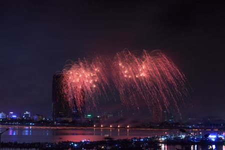 Vietnam Da Nang city April 28 2015: Festival International Fireworks Competition 2015 in Da Nang on the banks of the Han River in Da Nang city centerのeditorial素材