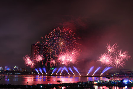 Vietnam Da Nang city April 28 2015: Festival International Fireworks Competition 2015 in Da Nang on the banks of the Han River in Da Nang city centerのeditorial素材