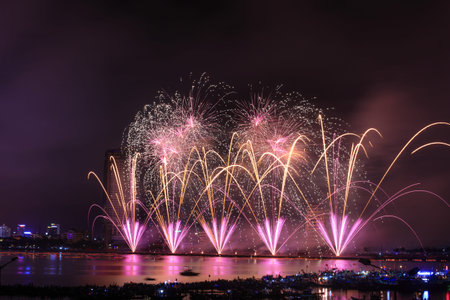 Vietnam Da Nang city April 28 2015: Festival International Fireworks Competition 2015 in Da Nang on the banks of the Han River in Da Nang city centerのeditorial素材