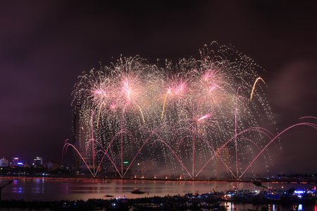 Vietnam Da Nang city April 28 2015: Festival International Fireworks Competition 2015 in Da Nang on the banks of the Han River in Da Nang city centerのeditorial素材