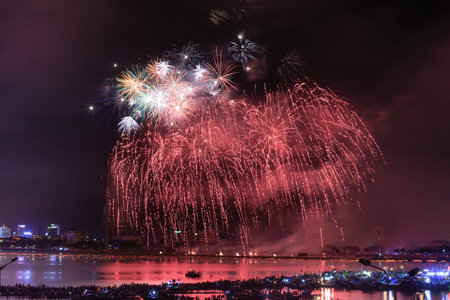 Vietnam Da Nang city April 28 2015: Festival International Fireworks Competition 2015 in Da Nang on the banks of the Han River in Da Nang city centerのeditorial素材