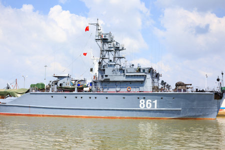 Ho Chi Minh City, Vietnam - June 27, 2015 - Military ships waiting to enter the river in repairs on HoChiMinh City, Vietnamのeditorial素材