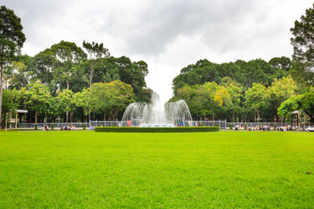 Hochiminh City, Vietnam - July 8, 2015: Fountain in front of Reunification Palace former Independence Palace, architect Ngo Viet Thu, circa 1966. It was used as headquarters by the South Vietnamese when the Vietnam War cabinet.のeditorial素材