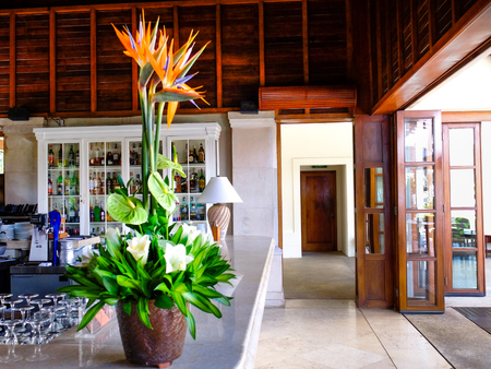 Da Nang city, Vietnam - April 28, 2015: beautiful bird of paradise flowers on the table of a bar in the resortのeditorial素材