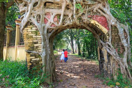 Binh Duong province, Vietnam - October 25, 2015: Bodhi tree roots cling to the door of the old templeのeditorial素材