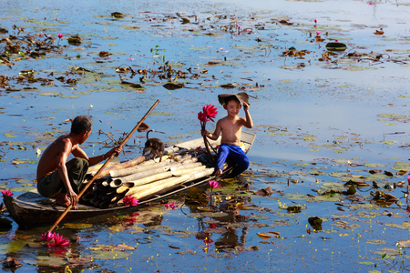 Moc Hoa District, Long An Province, Vietnam - November 22, 2015: People at the flooding season rowed out to the lake to put the bamboo tubes to harvest eels Into the mud. This region has many kind of the delicious eel dishesのeditorial素材