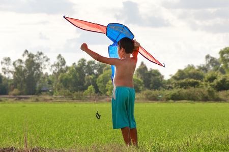 Moc Hoa District, Long An Province, Vietnam - November 22, 2015: in the weekend, children play kites rice paddies often Do Do rural Villages together Beside theのeditorial素材