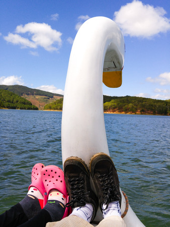 A couple are pedal boat on the lake in a green parkの写真素材