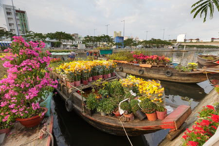 Hochiminh City, Vietnam - February 03, 2016 - In a week of the annual Lunar New Year, many boats loaded with many kinds flowers from the garden in the southwest through the canals gathering at the wharf BinhDong on TauHu canal , forming a large flower marのeditorial素材
