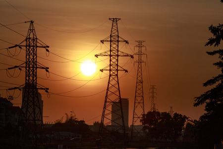 Hochiminh City, Vietnam - February 7, 2016: High-voltage electricity tower with sunset sky in Hochiminh Cityのeditorial素材