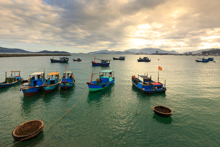 Nha Trang city, Vietnam - January 28, 2016 : view picture of a fishing village with fishing boats of fishermen in the coastal city of Nha Trang, Vietnamのeditorial素材