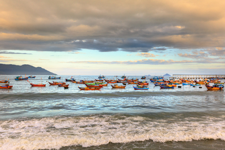 Nha Trang city, Vietnam - January 28, 2016: Fishing boats in the fishing village near NhaTrang city, Vietnamのeditorial素材