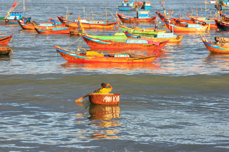 Nha Trang city, Vietnam - January 28, 2016: Fishing boats in the fishing village near NhaTrang city, Vietnamのeditorial素材