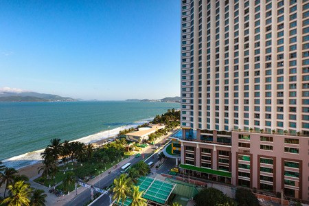 Nha Trang city, Vietnam - January 29, 2016: a big luxury hotels with indoor swimming pool in city sea NhaTrang city, Vietnamのeditorial素材