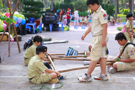 Tao Dan park, Ho Chi Minh City, Vietnam - March 13, 2016 : the images of the scouts when they have outdoor activities  in a Tao Dan park in HoChiMinh cityのeditorial素材
