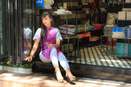 Hochiminh City, Vietnam - March 20, 2016 : portrait of an asian young girl. Lifestyle and travel concepts.のeditorial素材