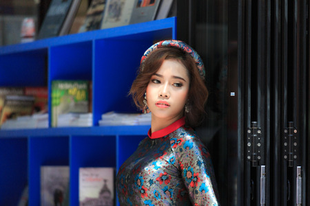 Hochiminh City, Vietnam - March 20, 2016 : portrait of an asian young girl. Lifestyle and travel concepts.のeditorial素材