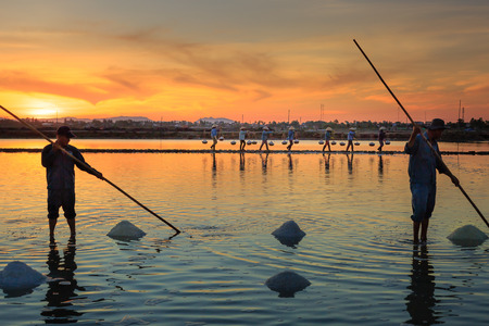Hon Khoi, Khanh Hoa Province, Vietnam - July 30, 2016 :the men are working on salt field at dawn. Salt field Hon Khoi in Nha Trang, Viet Namのeditorial素材