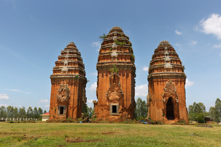 Binh Dinh Province, Vietnam - August 28, 2016: towers "Champa" is built from the late 7th century to the early 17th century. Image of three towers Duong Long towers Cham ruins on a high mound venture Tay Son District, Binh Dinh Province.のeditorial素材
