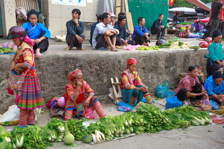 Hoang Su Phi, Ha Giang province, Vietnam - October 2, 2016: ethnic minority people set out the agricultural products plant by themselves at the Sunday fair in Hoang Su Phi. They sell the bundles of vegetables, fruitsのeditorial素材