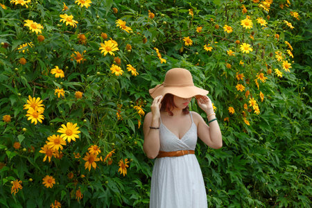 Bao Loc, Lam Dong Province, Vietnam - November 5, 2016 : young girl walking on path of countryside between the bushes of wild sunflower bloom in yellow, colorful sceneのeditorial素材