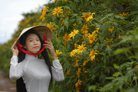 Bao Loc, Lam Dong Province, Vietnam - November 5, 2016 : young girl walking on path of countryside between the bushes of wild sunflower bloom in yellow, colorful sceneのeditorial素材