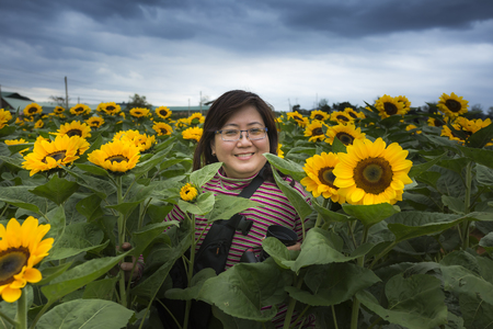 Lam Dong province, Viet Nam - February 19, 2017: Image of a beautiful Asian woman smiling happily with the new blooming sunflowerのeditorial素材