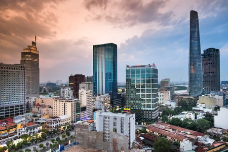 Ho Chi Minh city, Vietnam - February 27, 2017: a perspective from above of Ho Chi Minh City at dusk. Ho Chi Minh city is the commercial center and cultural of Viet Nam Â のeditorial素材