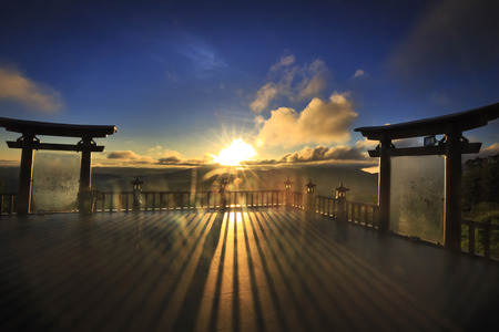 "Linh Qui Phap An" temple, Bao Loc, Lam Dong Province, Vietnam - February 28, 2017 : the magical sunrays of dawn on the yard "Linh Qui Phap An" near the town of Bao Loc Lam Dong province, Vietnam.のeditorial素材