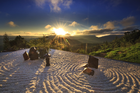 "Linh Qui Phap An" temple, Bao Loc, Lam Dong Province, Vietnam - February 28, 2017 : the magical sunrays of dawn on the yard "Linh Qui Phap An" near the town of Bao Loc Lam Dong province, Vietnam.のeditorial素材