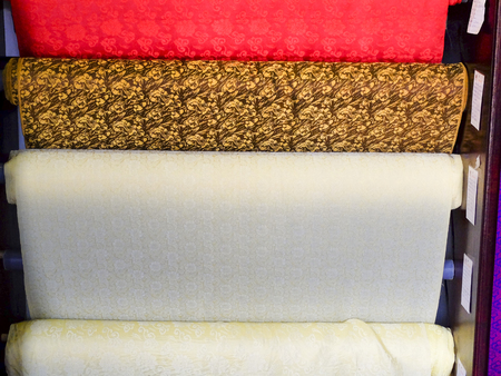 Van Phuc village, Hanoi capital, Vietnam - October 21, 2016 : at a silk shop in Van Phuc village. Silk fabrics here are woven by handのeditorial素材