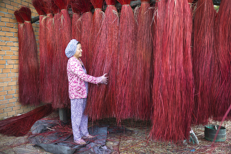 Dinh Yen weaving mat village, Dong Thap province, Vietnam - March 18, 2017: A woman is checking the quality of Cyperus bundles before moving to factory to weave sleeping matsのeditorial素材