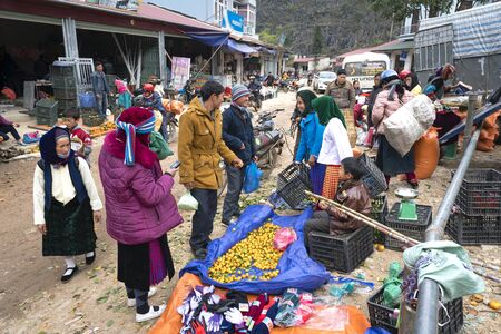 Ha Giang Province, Vietnam - January 16, 2018: market scene meeting of ethnic minorities in the upland area of Ha Giang Province, Vietnamのeditorial素材