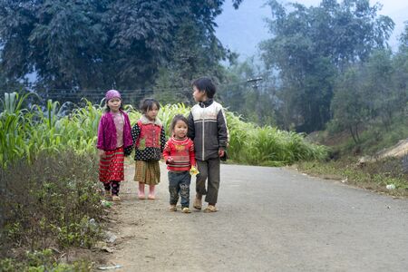 Ha Giang Province, Vietnam - January 15, 2018: Hmong children in the mountains of Dong Van, Ha Giang province, Vietnamのeditorial素材