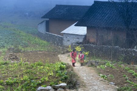 Ha Giang Province, Vietnam - January 15, 2018: Hmong children in the mountains of Dong Van, Ha Giang province, Vietnamのeditorial素材
